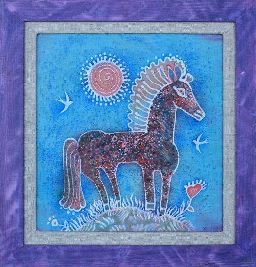 Korzh Lesya, modrá Seahorse, 2013, batikování, malování akryl, rohož, rám, 22 x 21
